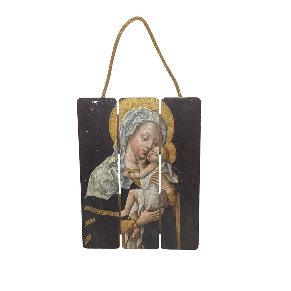Madonna and Child Wood Slat Wall Art Religious Triptych Decor with Jute Hanger
